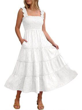 Caracilia Women's White Square Neck Sleeveless Eyelet Smocked Tiered Midi Dress